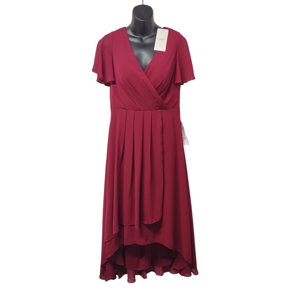 Ever Pretty Burgundy Chiffon Midi Dress US 8 V-Neck Ruffle Sleeves Size L NWT - Picture 4 of 11